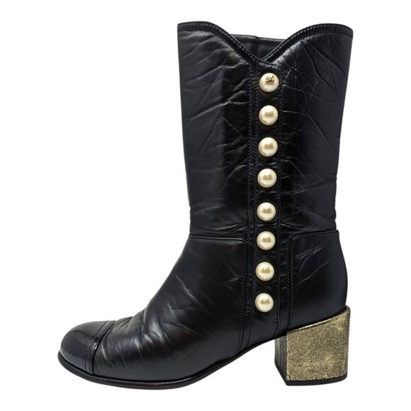 Chanel 2016 black leather calf height pearl button gold heel boots CC logo 36.5 - Picture 1 of 15